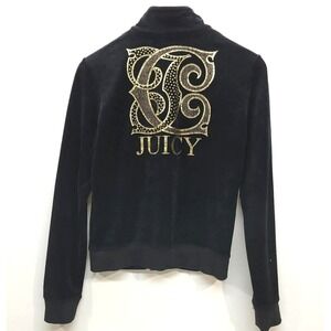 Vintage Juicy Couture Jacket Women M Black Gold Velour Track Full Zip Bling Y2K